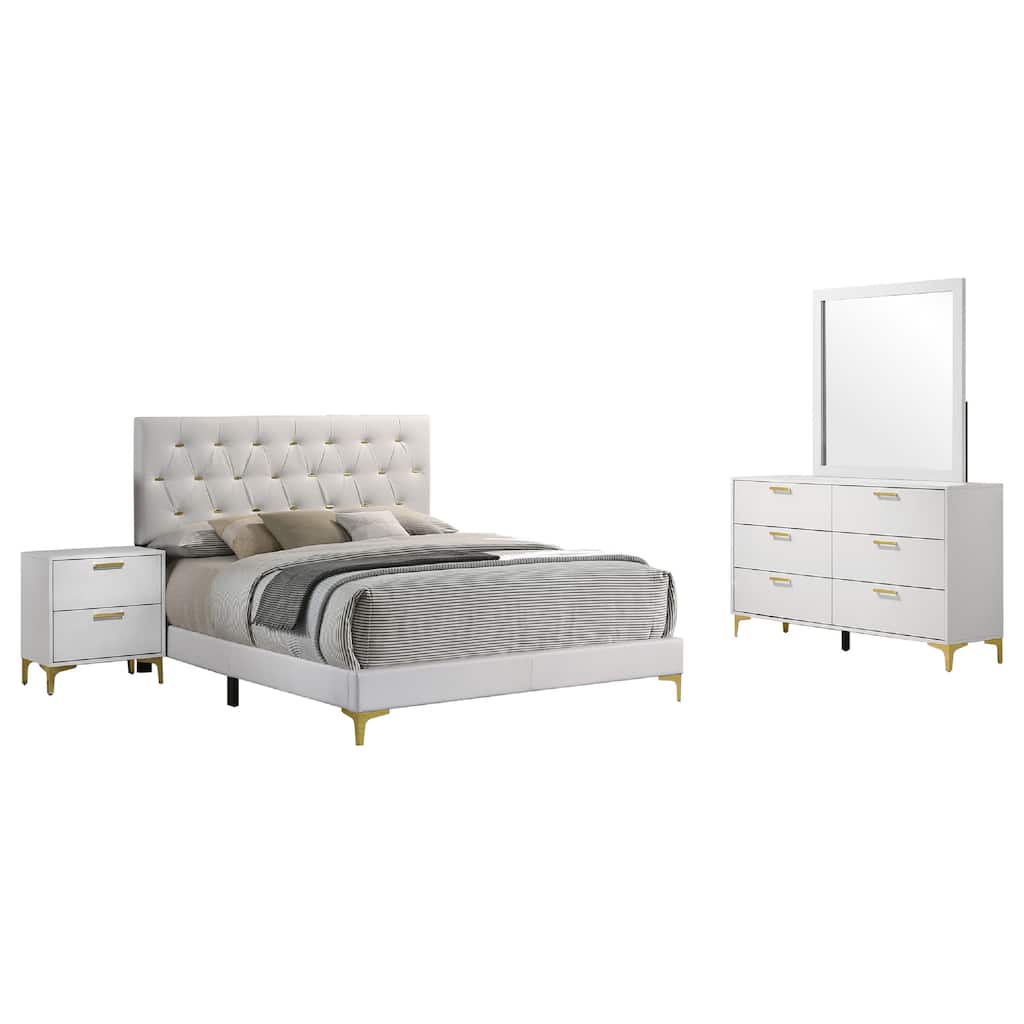 Dle 4 Piece Queen Bedroom Set, White Faux Leather, Modern Gold Accents