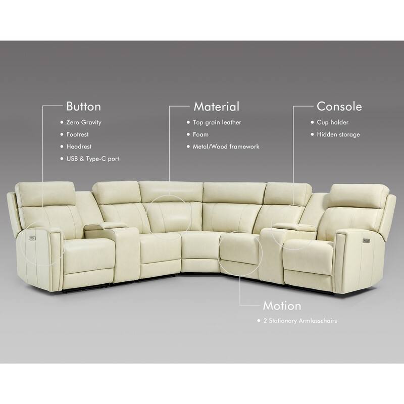 Genuine Leather Power Recliner Sectional Sofa with Ajustable Headrest, USB&USB-C Port