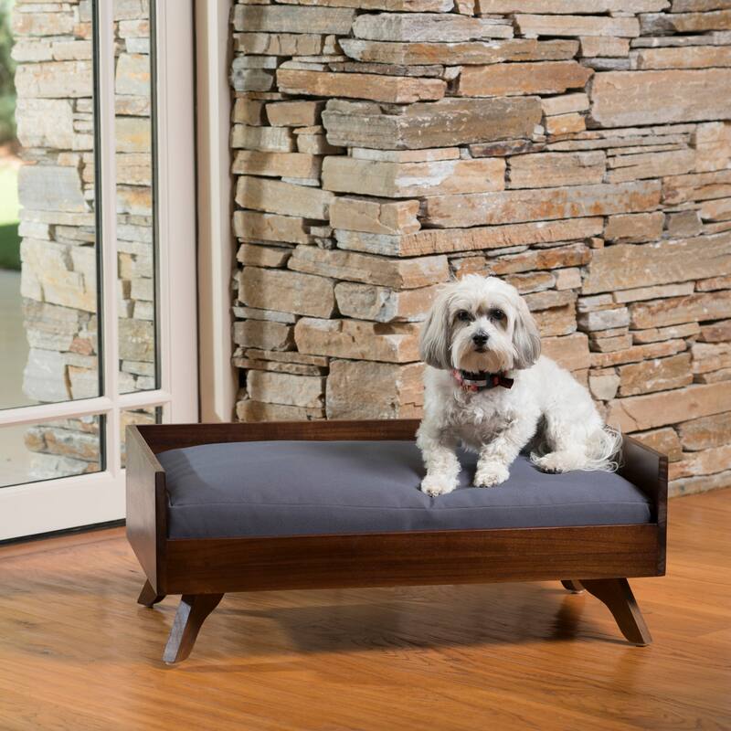 Roomfitters Solid Wood Pet Bed, Mid-Century Modern Frame with Cushion, Indoor Lounge in Walnut Brown