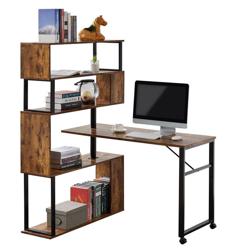 Home Office Computer Desk L-Shaped Corner Table, Rotating Office Desk with 5-Tier Bookshelf & Lockable Casters