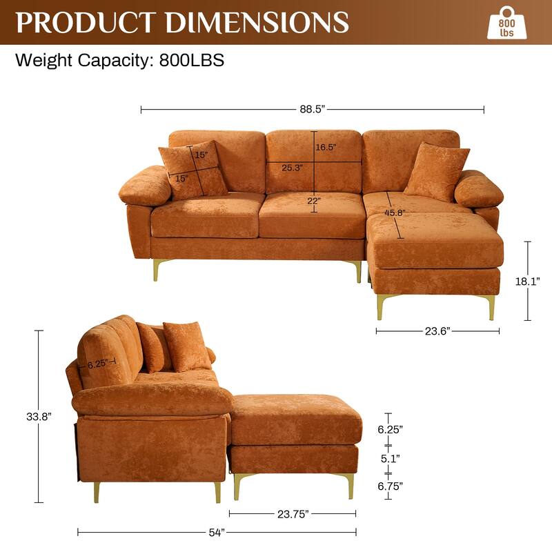 Ouyessir 2-Pieces Upholstered Velvet Sectional Sofa with 2 Pillows & Ottoman