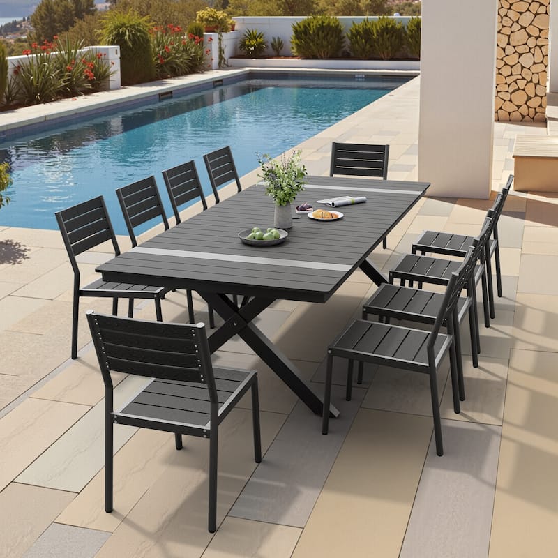 Pellebant 11-PC Aluminum X Frame Outdoor Patio Dining Set Table with Stackable Chairs