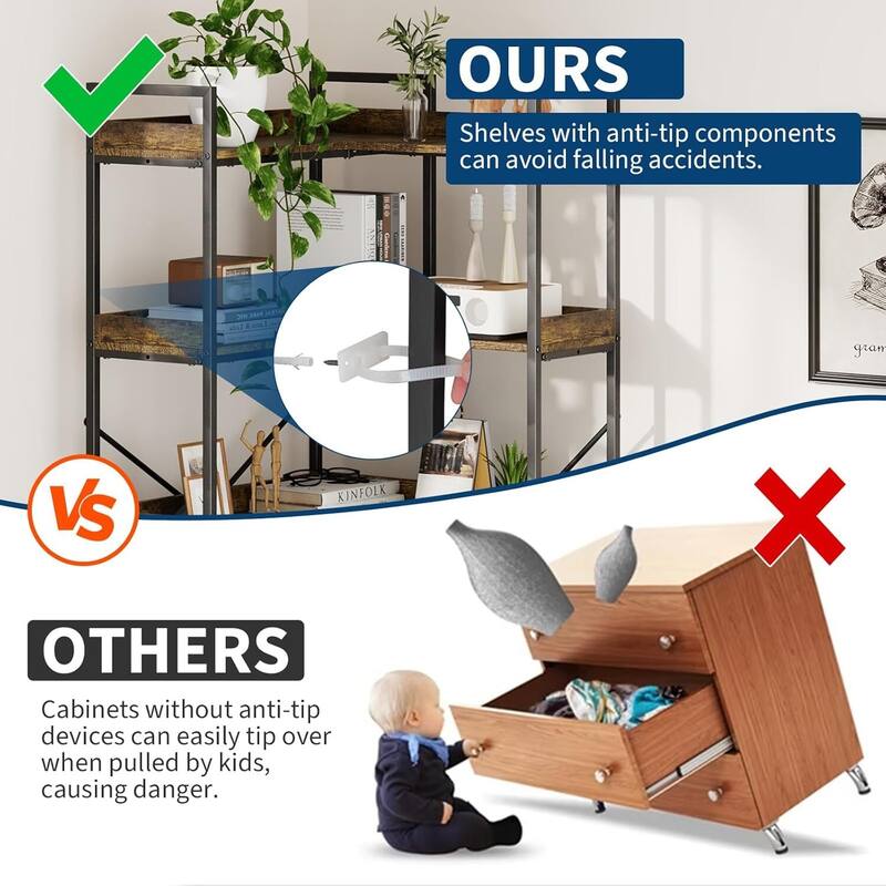 5 Tier Modern Industrial Wood Bookcase, Corner Bookshelf for Living Room, Bedroom