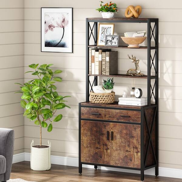 slide 2 of 7, 4 Shelf Tall Bookshelf with Drawer and Cabinet, 68-inch Bookcase with Doors, Book Shelves Storage Cabinet Display Rack Brown