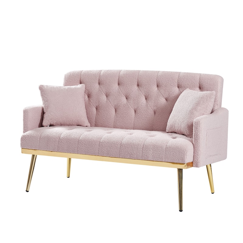 Practical Upholstered Settee with Two Pillows, Pink Loveseat with Tufted Back for Vanity Room, 2 Seater Couch for Bedroom