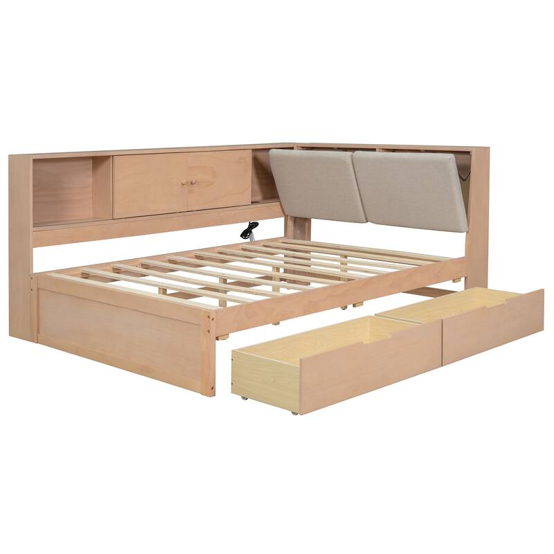 L-shaped Daybed Wooden Corner Sofa Bed Frame with Sliding Doors Bookcase Captains Bed, Upholstered Headboard Built-in Storage