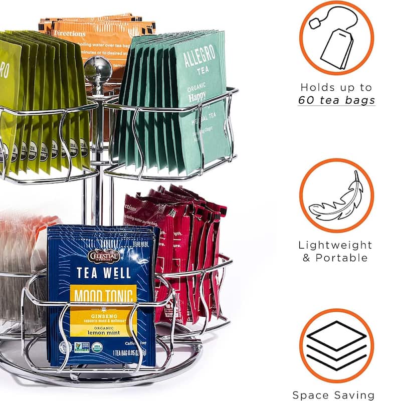 2-Tier Tea Bag Spinning Carousel Organizer, Revolving Countertop Storage for Pantry, Holds Up to 60 Large Tea Bags