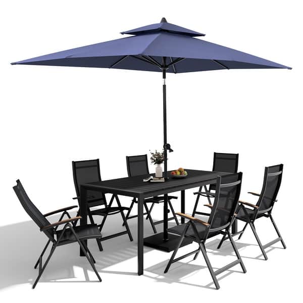fold up patio table umbrella hold Textilene Dining Set of 7 with Hole, Wood-Grain Tableto Nuu Garden elegant water ripple glass and a standard 1.65 Outus Patio Table Umbrella Hole