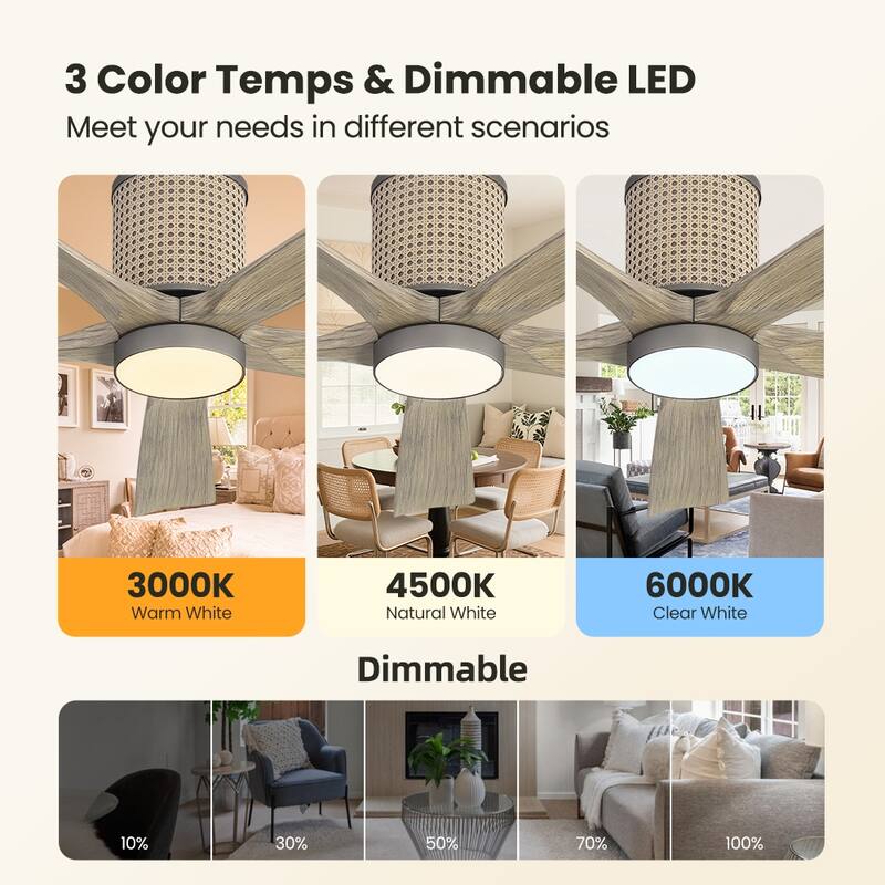 MLiAN 5 Solid Wood Blades Ceiling Fan with Lights Remote Control 6-Speed DC - 54''