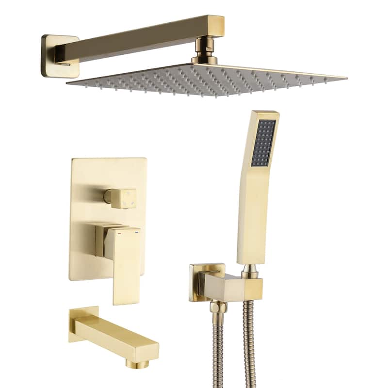 YASINU 12 In. High-Pressure Rainfall Shower System with Handheld Shower Head Bathtub Faucet - 12" - Brushed Gold