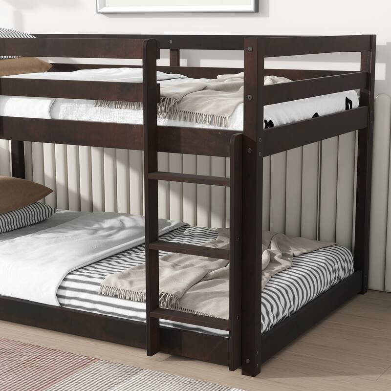 Wooden Twin over Twin Floor Bunk Bed with Ladder ,Upper and Bottom Bed Platforms