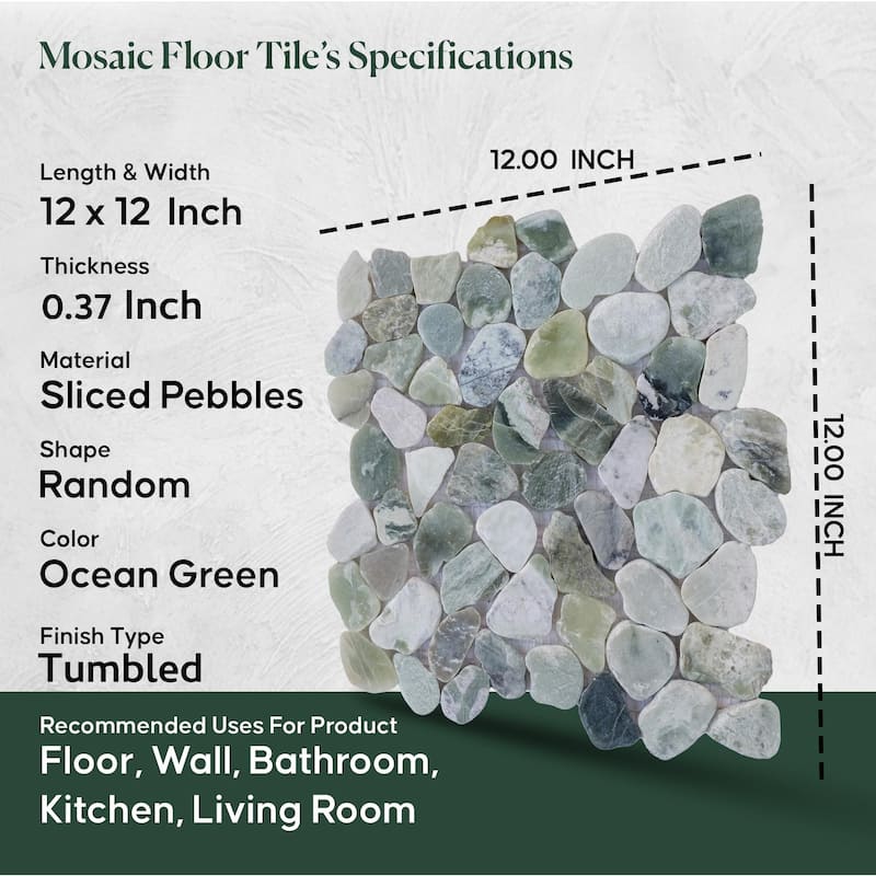 Ocean Green Sliced Pebble Mosaic, Backsplash Kitchen Walls, Shower and Bathroom Floors 12" X 12" (5 Sqft per case)