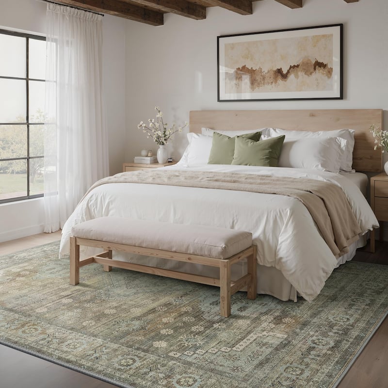 Mcow Sage Green Boho Pattern Ultra-Thin Low-Pile Washable Non-Slip Area Rug