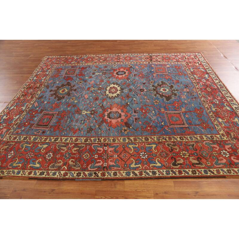 Hand Knotted Oriental 100% Wool Carpet Traditional Geometric Navy Blue & Blues Heriz Area Rug - 8' 5'' X 7' 11''