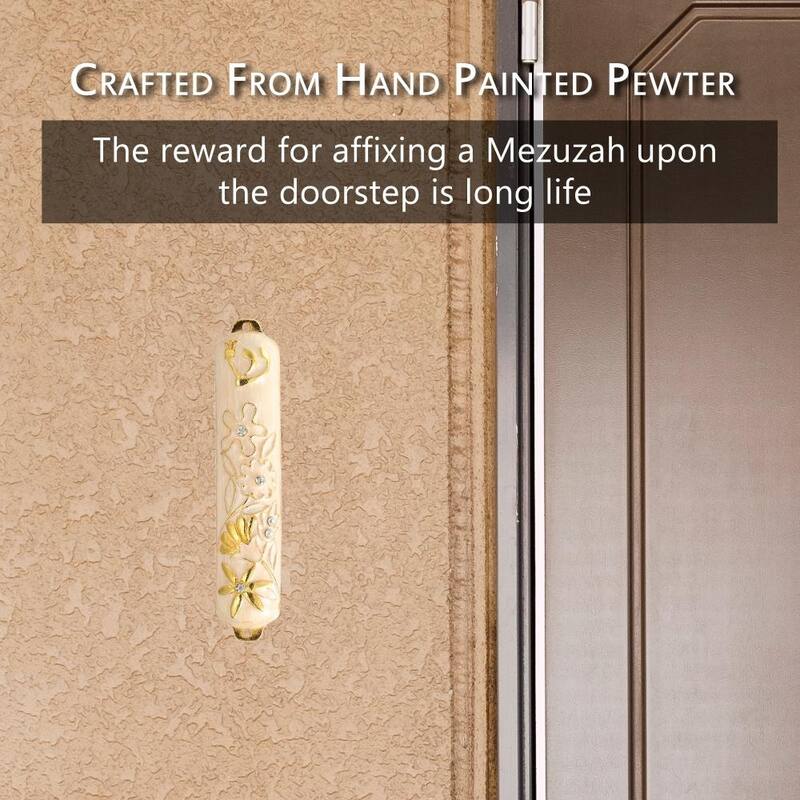 Hand Painted White Enamel Mezuzah Embellished with a Floral Design with Gold Accents and High Quality Crystals by Matashi