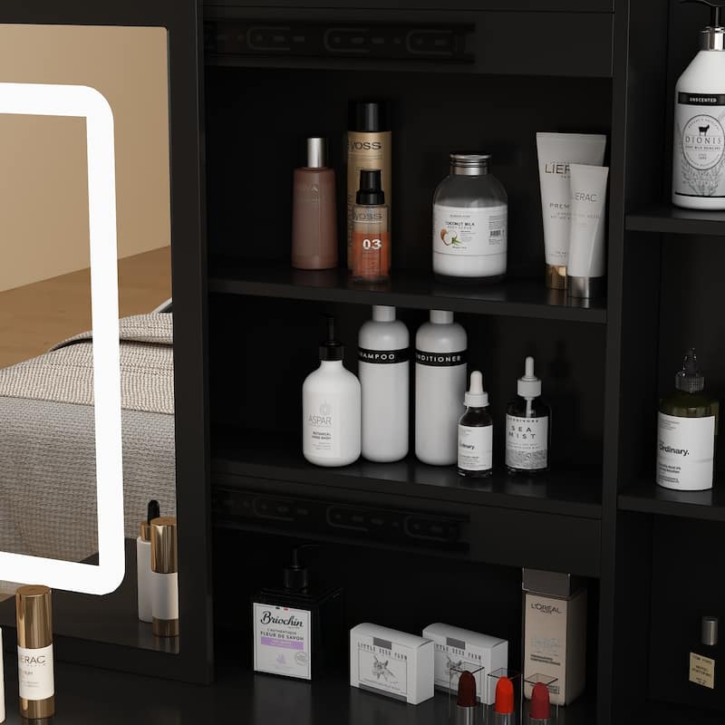 Makeup Vanity Table Set with Three-Color Light Mirror&Mirror & Stool - N/A