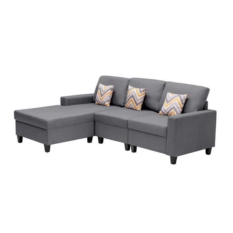 Linen Fabric 3 Piece Reversible Sectional Sofa Chaise with Pillows and Interchangeable Legs in Grey
