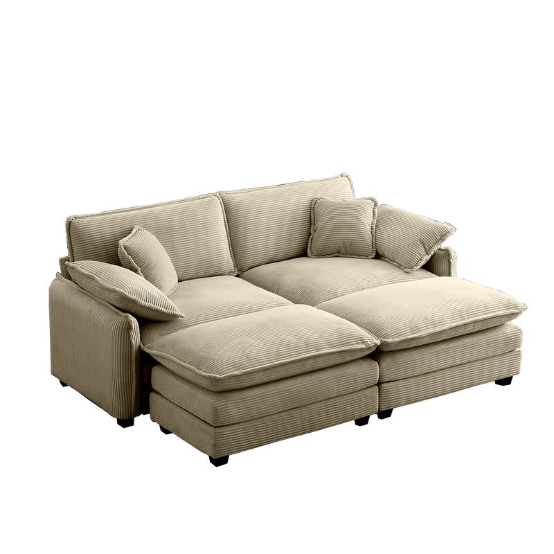 4-Piece Corduroy Modular Sleeper Sectional Sofa with 2 Ottomans & 4 Pillows