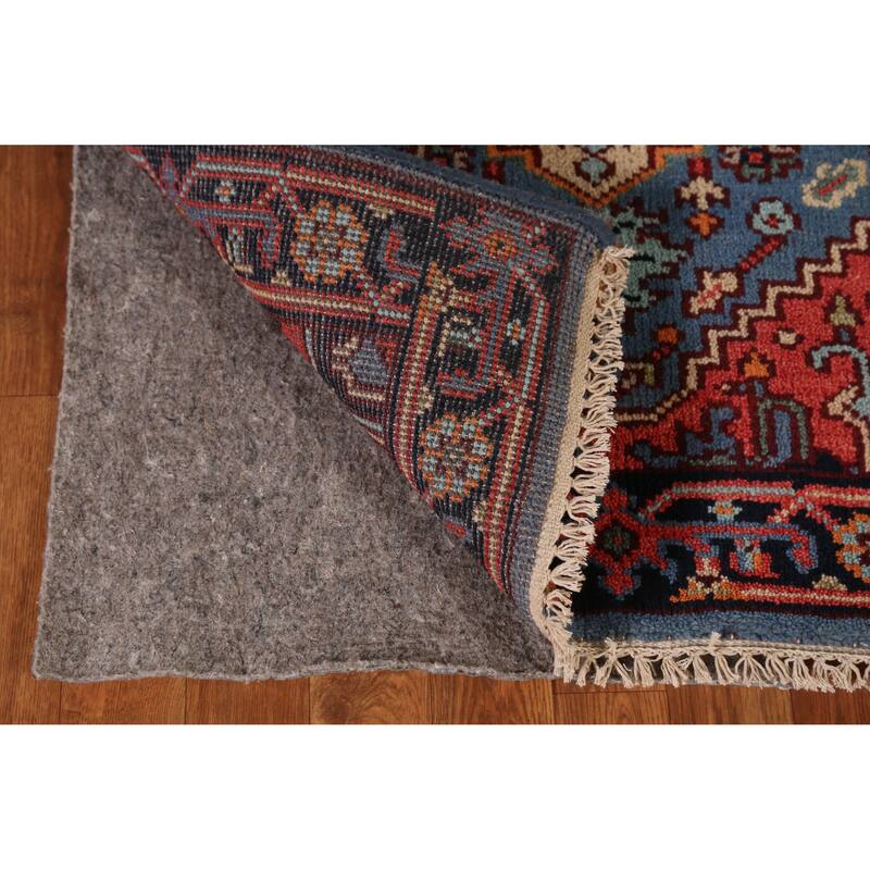 Hand Knotted Oriental 100% Wool Carpet Traditional Geometric Navy Blue & Blues Heriz (serapi) Runner Rug - 7' 10'' X 2' 7''