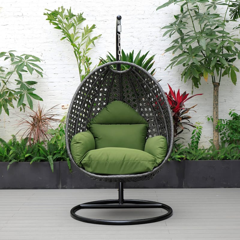 LeisureMod Charcoal Single Seater Rattan Wicker Egg Swing Hanging Chair for Indoor Outdoor Patio Porch Backyard Garden
