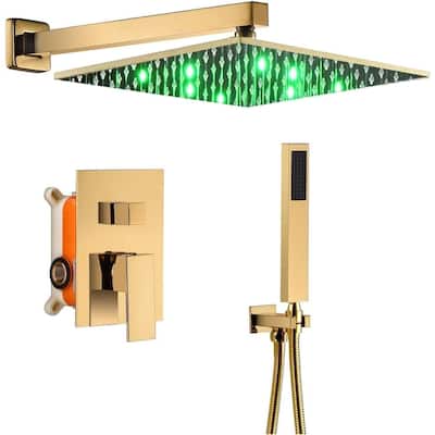 Polished gold wall mount 12 inch 3 LED light rain head 2 way shower faucet with handle sprayer - 7'6" x 10'9"