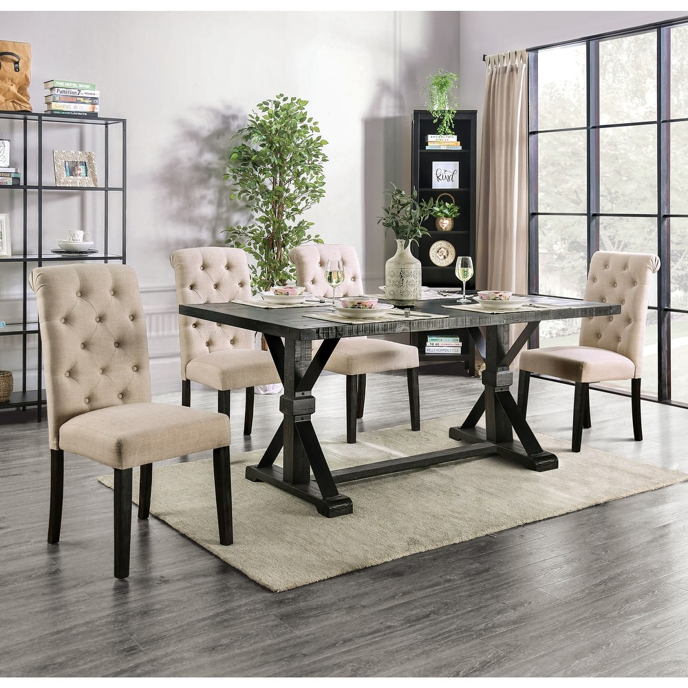 Chalwa Rustic Antique Black Fabric Tufted 5-Piece Dining Set with Wood Table by Furniture of America