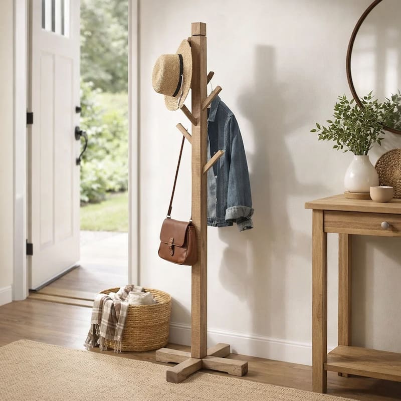 Rena Coat, Hat Tree Stand, 8 Wood Stems, 72 Inch Light Brown Mahogany