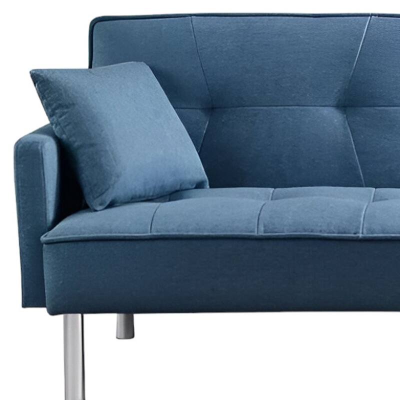 HomeRoots 85" Blue Polyester Blend Convertible Futon Sleeper Sofa And Toss Pillows With Silver Legs - 85