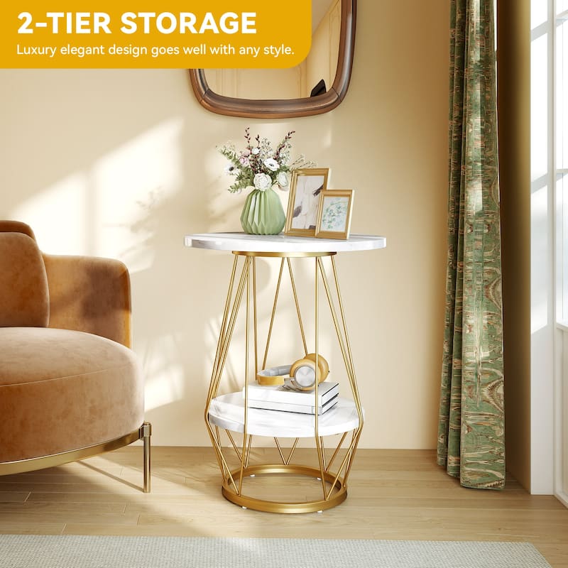 Moasis Modern 2-Tier Faux Marble Side Table Chairside Table with Shelf for Living Room