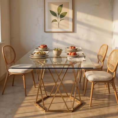 HomeRoots 63" Clear and Gold Glass and Metal Geo Pedestal Base Dining Table - 63 in. x 30 in. x 35.5 in.