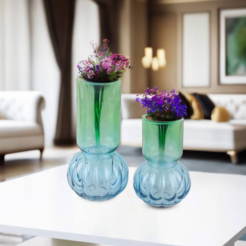 Two-Tone Green and Blue Set of 2 Bubble Shaped Modern Glass Vases