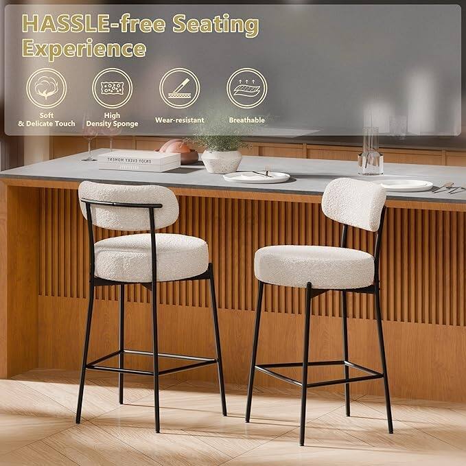 XINMICS 24 Inches Modern Counter Height Bar Stools with Curved Back Metal Legs, Upholstered Boucle Barstools, Set of 2/3/4