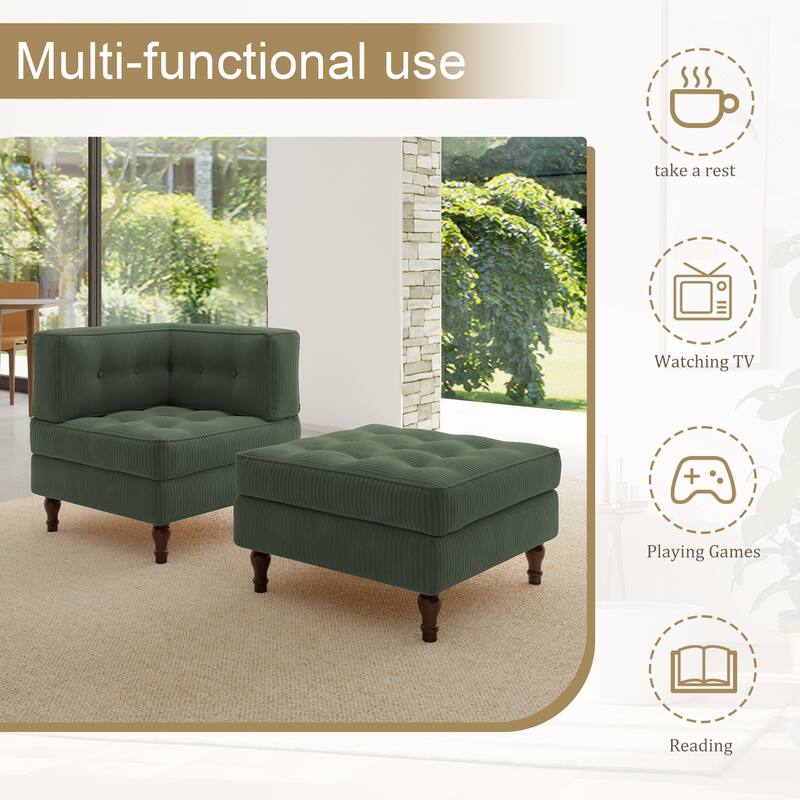 Corduroy Tufted Accent Chair Armchair and Ottoman Set