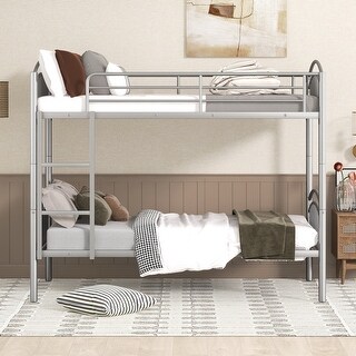 Silver Metal Twin Bunk Bed wLadder, Guardrail - Convertible into 2 Bed