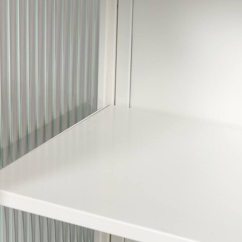 Modern White Sideboard with Fluted Tempered Glass Doors, 3-Tier Storage Cabinet for Living Room or Bedroom