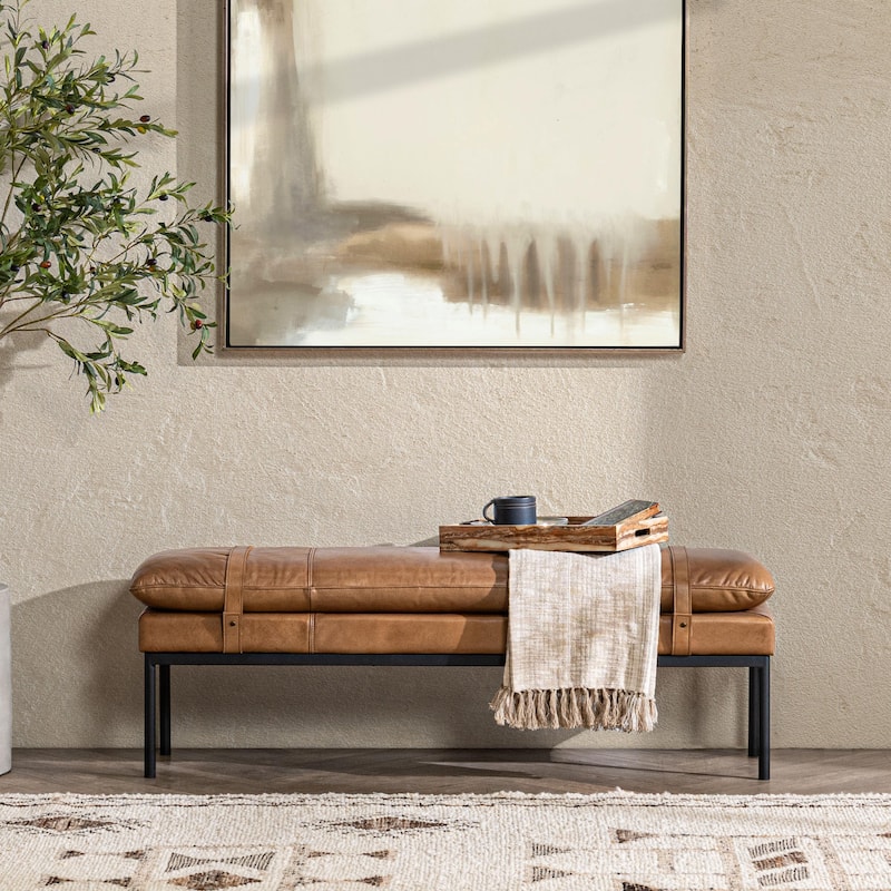 Classic Home Eliah Top Grain Leather Acent Bench - Tan
