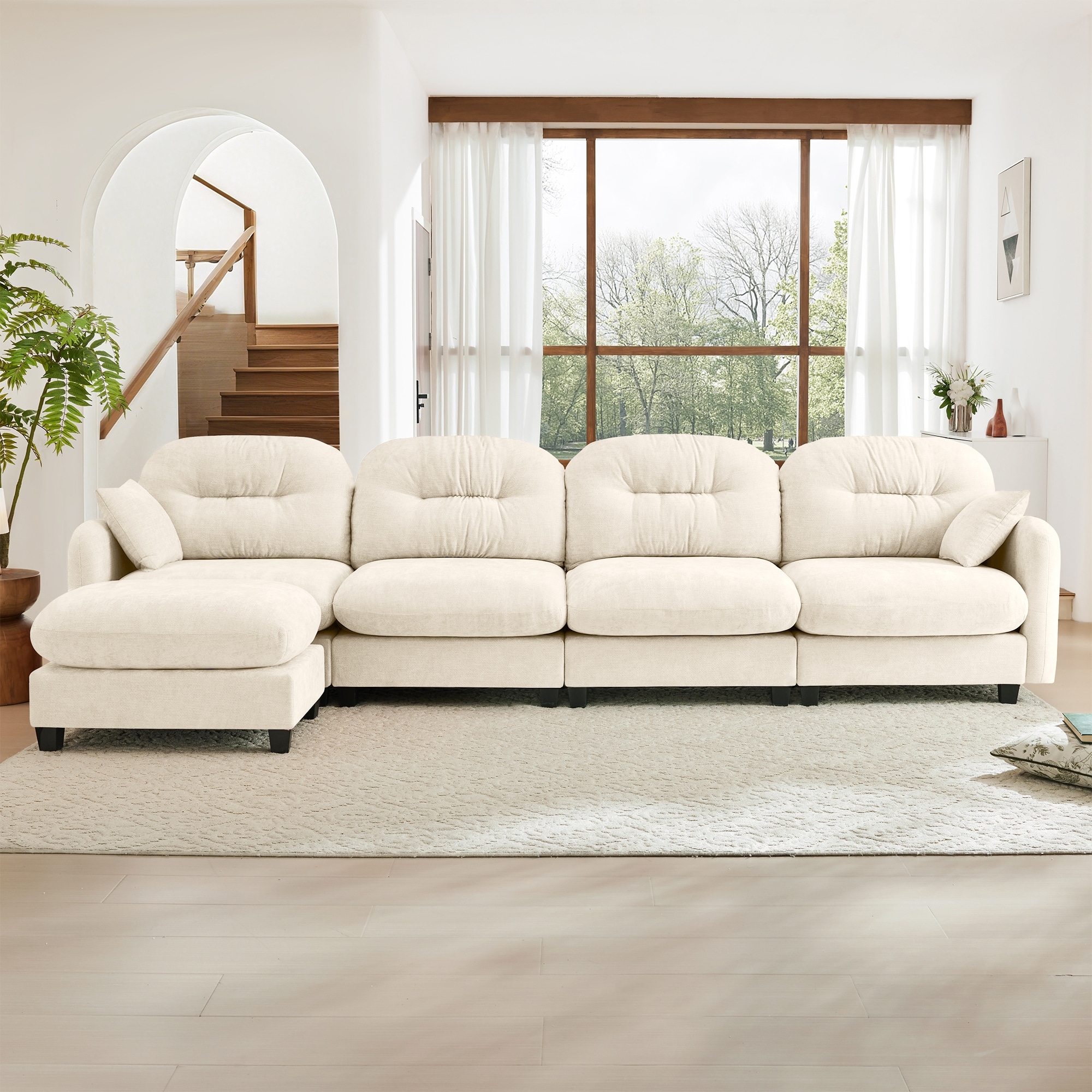 140" Tufted L Shaped Cloud Couch, Modular 4 Seater Deep Seat Sectional Sofa with Ottoman
