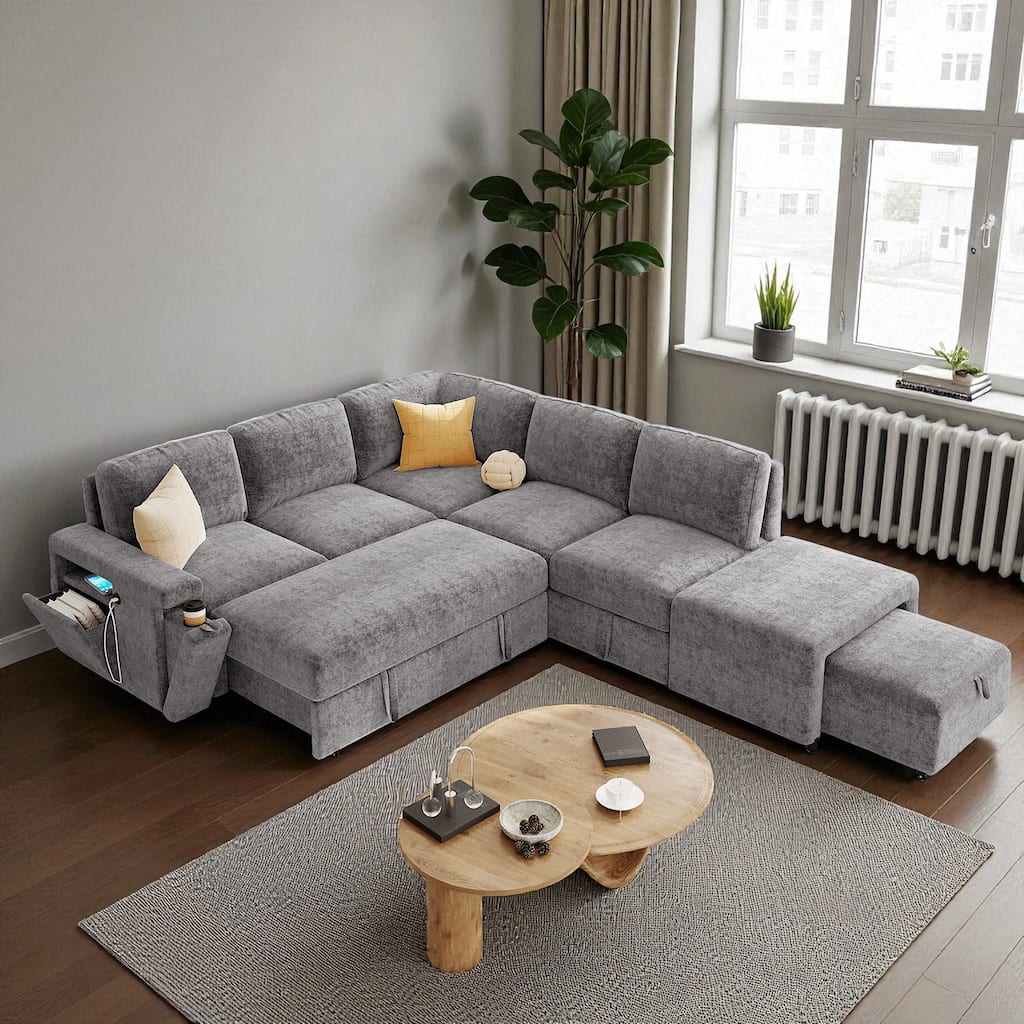 L-Shaped Modular Sofa with Storage Space USB Ports and Cup Holders Padded Sectional Couch for Living Room Office Apartment