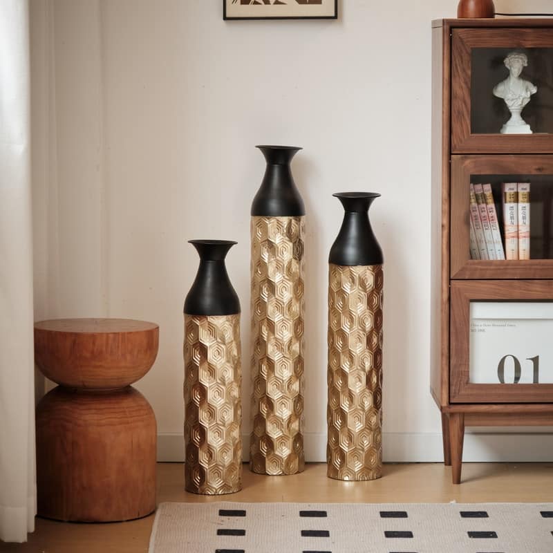 Set of 3 Glamorous Floor Vases, Gold & Black Textured Metal Cylinder Vases for Modern Home Decor (24.8", 29", 33.8" Heights)