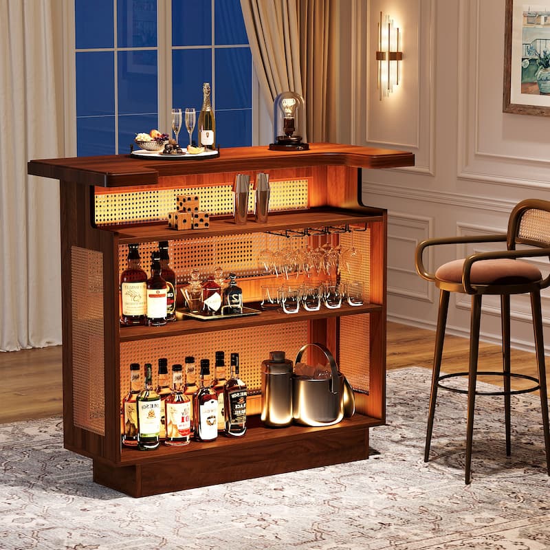Rattan Home Bar Unit, Farmhouse 4-Tier Bar Table with 4 Stemware Racks - Brown