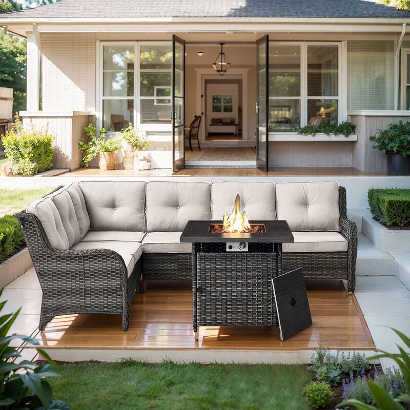 Outdoor Sectional Patio Sofa with Fire Pit Table - Beige - Grey