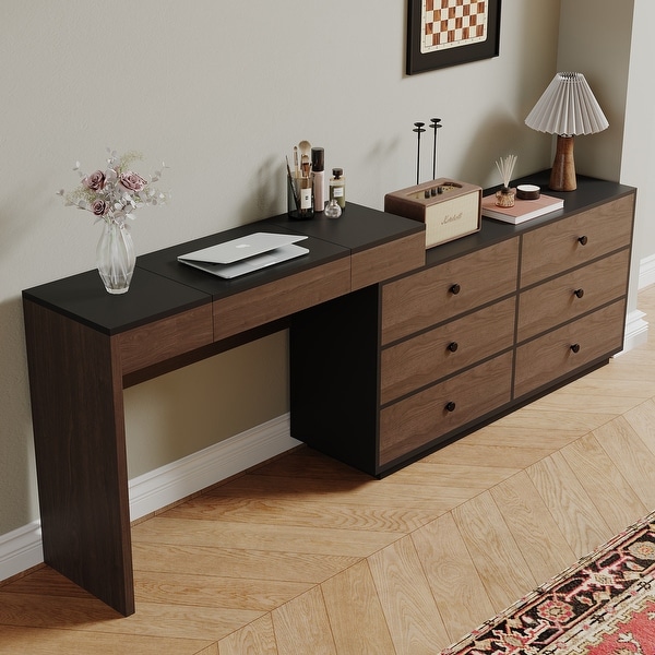 Home Office Expandable Dresser Desk Combo Black Walnut
