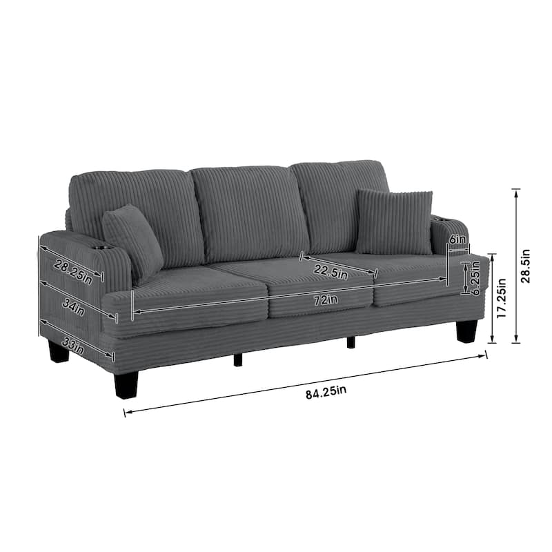 85" Modern Corduroy Rectangle 3-seater Sofa with USB and 2 Pillows