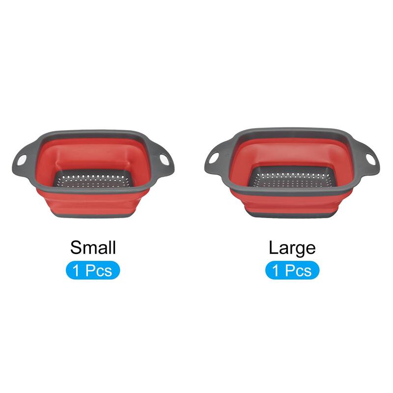 Collapsible Colander Set, 2 Size Silicone Square Foldable Strainer - Red - 29cm x 22cm x 9cm