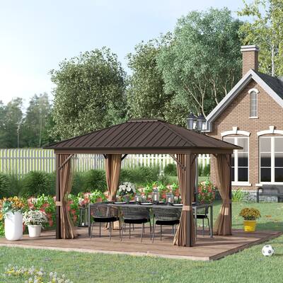 Outsunny 10' x 12' Outdoor Hardtop Gazebo Metal Roof Patio Gazebo with Aluminum Frame, Mesh Netting, Curtains, Brown