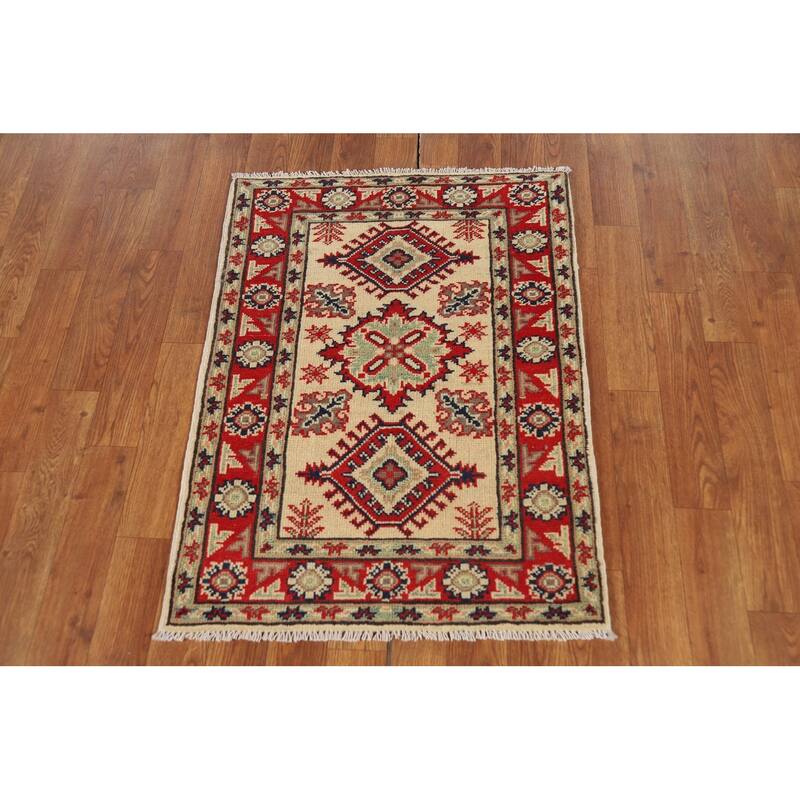 Geometric Kazak Oriental Rug Handmade Traditional Beige Wool Carpet - 2'0" x 3'0"