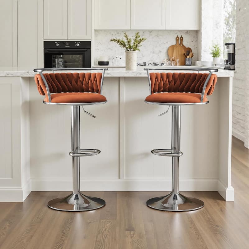 Velvet Upholstered Adjustable Bar Stool Swivel Counter Chair Set of 2 - Orange/Silver - Set of 2