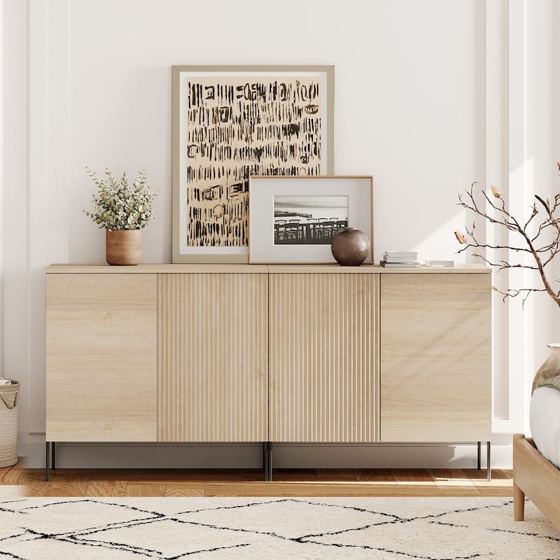 4 Pcs Bedroom Set，Wooden Dresser and Nightstand Sets for Bedroom, Reeded Night Stand of 2 with Charging