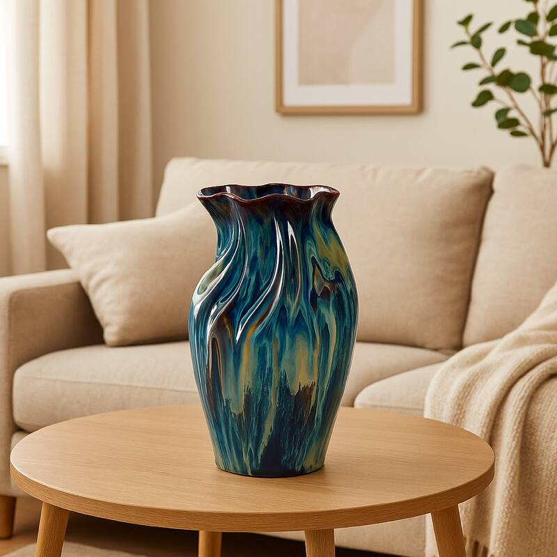 Fera Decorative Flower Vase, Ruffled Edge, 15 Inch Shiny Blue Ceramic