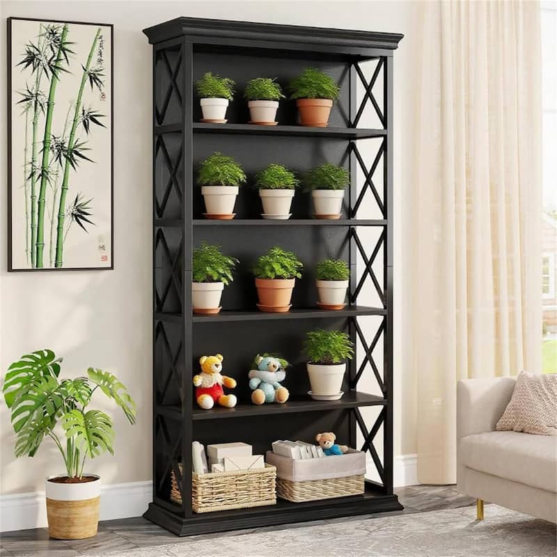 Industrial 5-Shelf Bookcase with X-Side Design